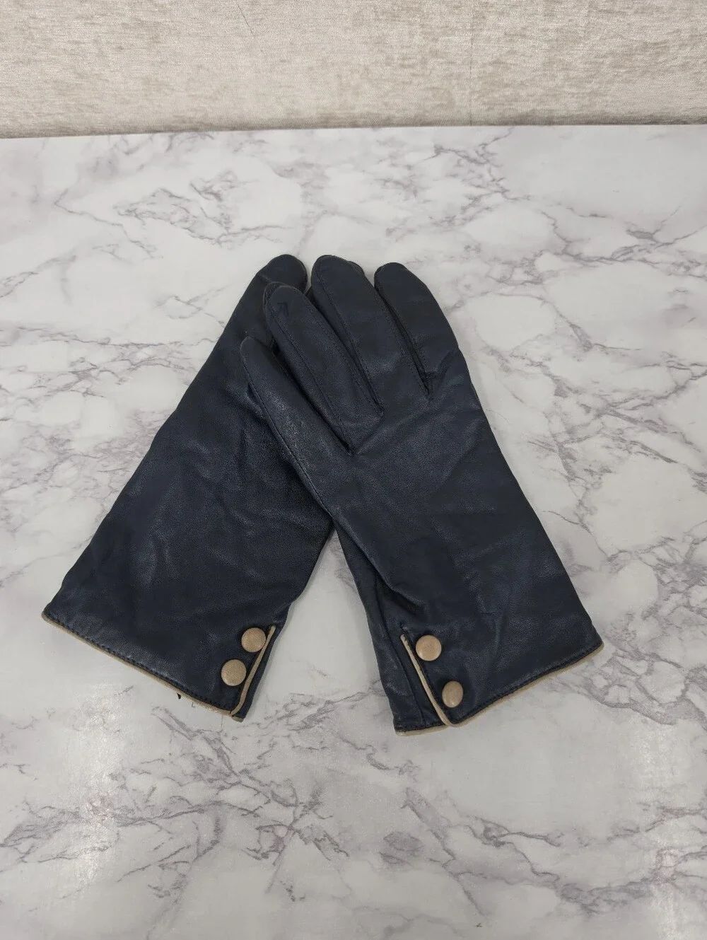 Vintage Navy Leather Short Driving Gloves with Taupe Button Detail and Trim